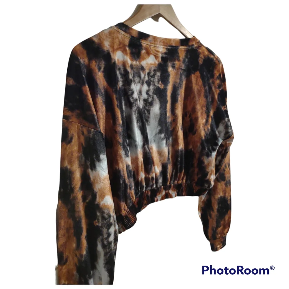 Topshop Women's Tie Dye Long Sleeve Stretch Velvet Top In Orange Multi - Picture 6 of 6